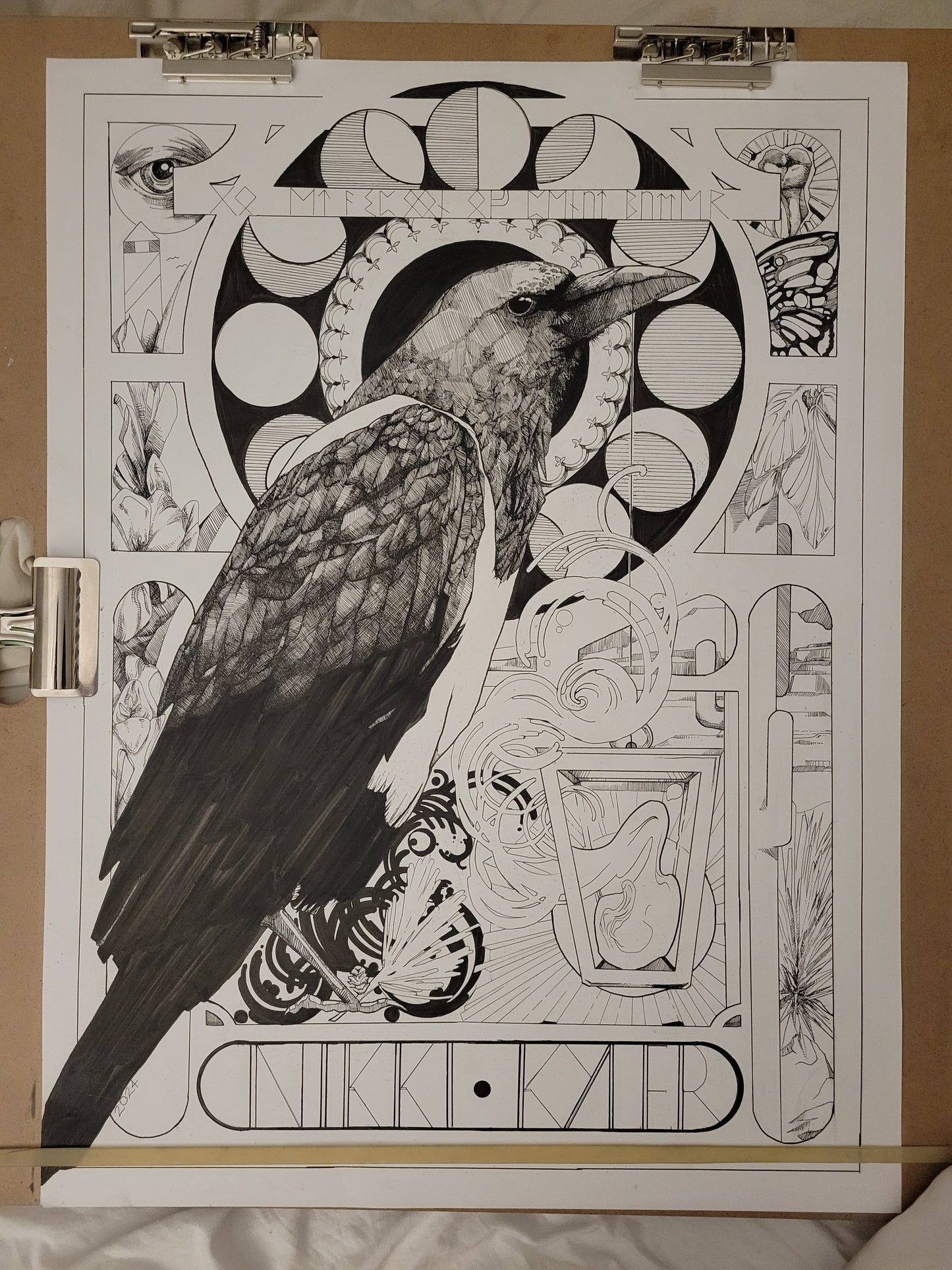 Artistic depiction of a bird with intricate patterns on a white background