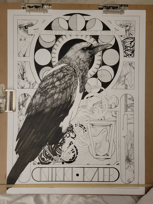 Artistic depiction of a bird with intricate patterns on a white background